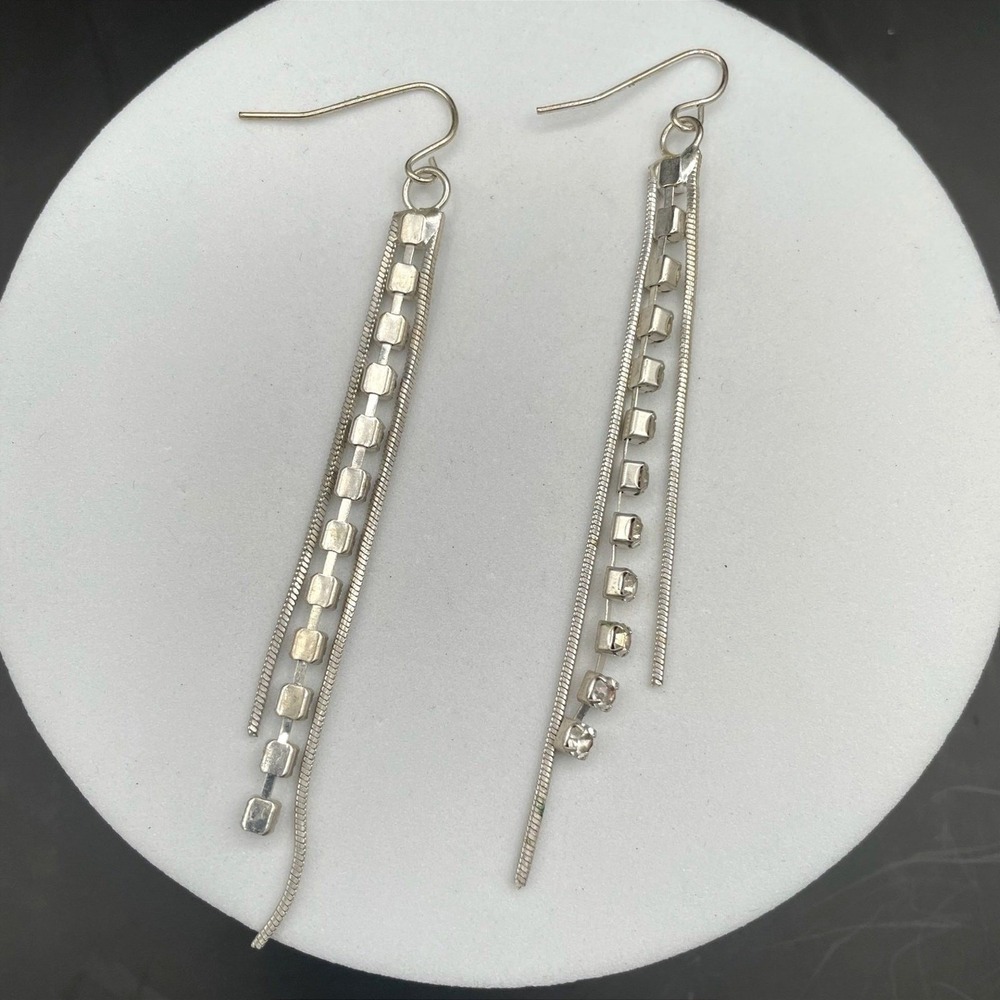 Vintage Silver Tone Rhinestone Bar Tassel Earrings Sleek Modern Glam Statement